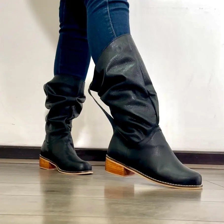 Bota Negra Lisa Taco Madera