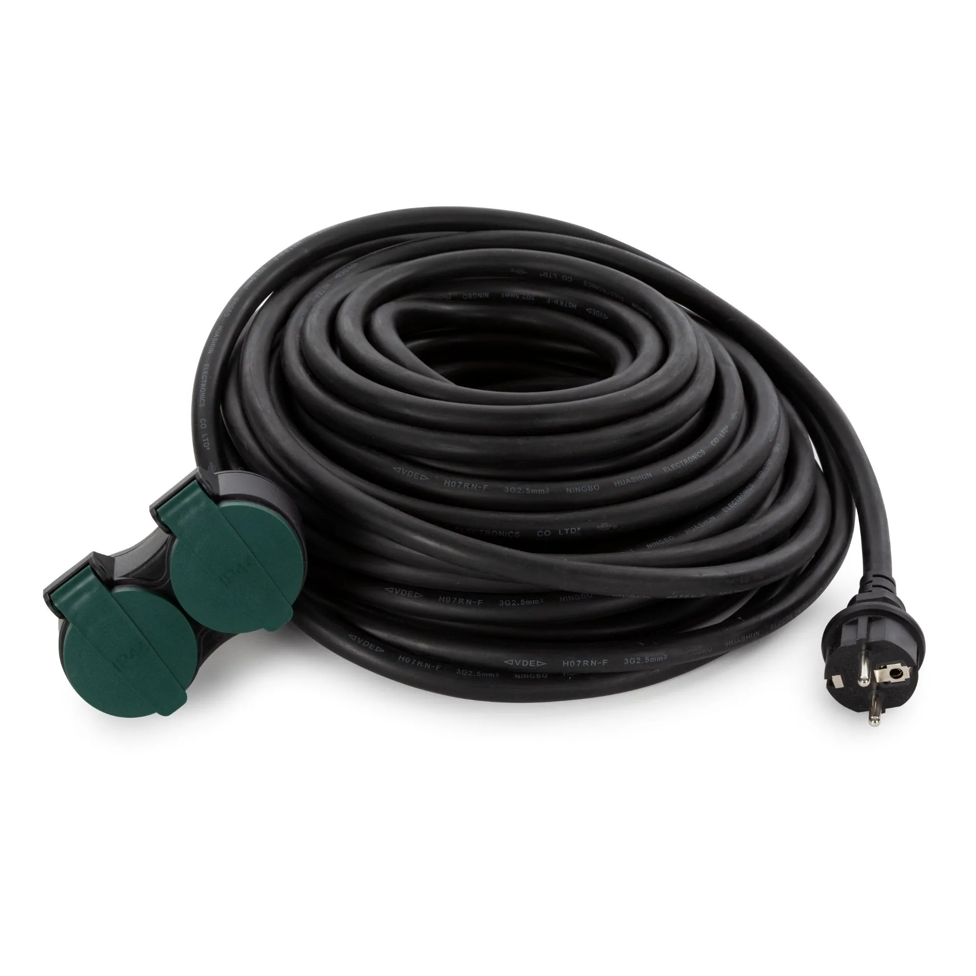 Extension cable, H07RN 3G2.5, 20 m, 16 A/230 V, 3680 W, type E/F to 2 x type E, IP44, rubber, black